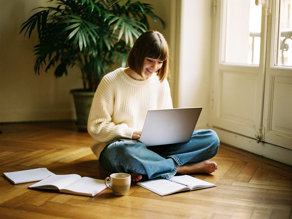Mahaut, 19 ans, travaille sur son MacBook dans un appartement parisien lumineux