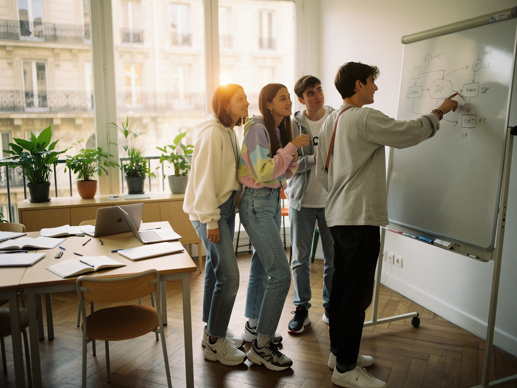 Quatre élèves autour d'un whiteboard, l'un explique à une fenêtre ouverte sur les toits parisiens
