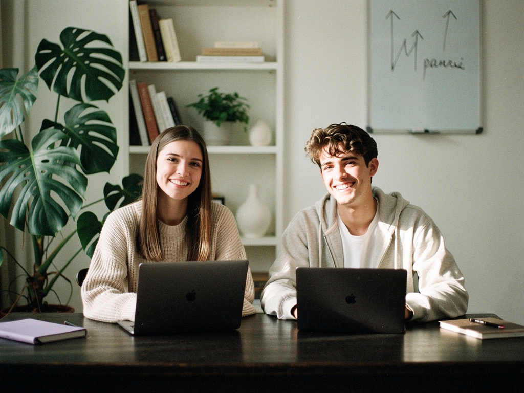 Deux jeunes souriants travaillent sur leurs MacBooks dans un espace lumineux avec étagères blanches et plantes